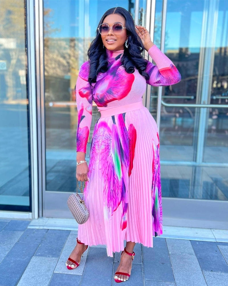 Mock Neck Wave Print Sheer Long Sleeve Maxi Dress