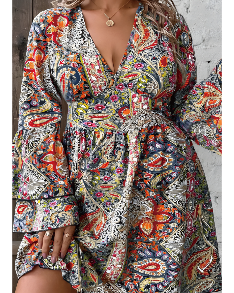 Boho V-Neck Bell Sleeve Mini Dress