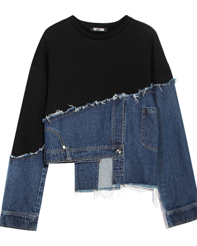 Asymmetrical Denim Patchwork Top