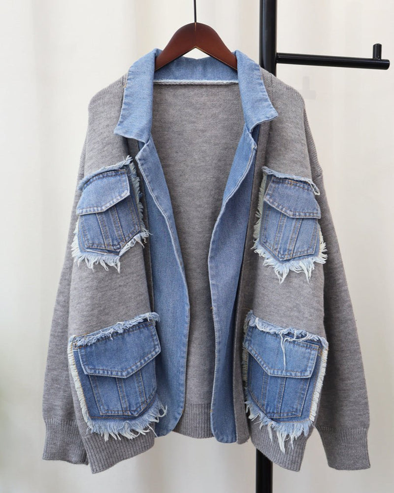 Denim Patchwork Knitted Cardigan