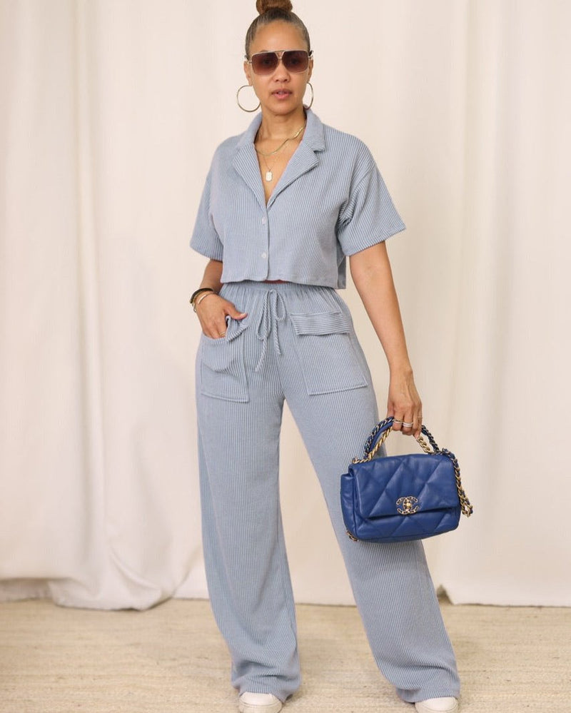 Solid Shirt & Wide-Leg Pants Set