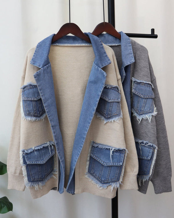 Denim Patchwork Knitted Cardigan