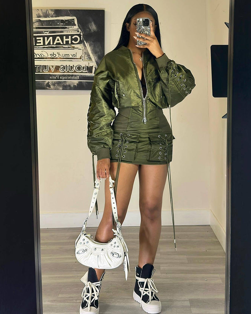 army green skirt set