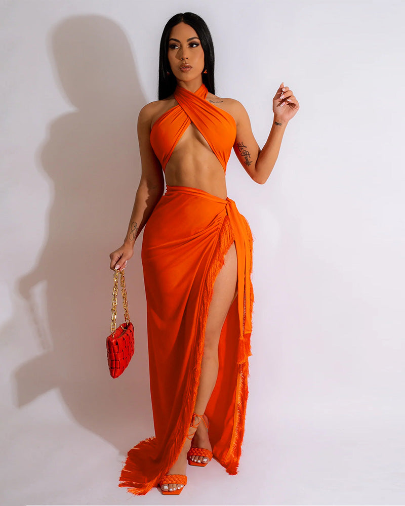 orange skirt set