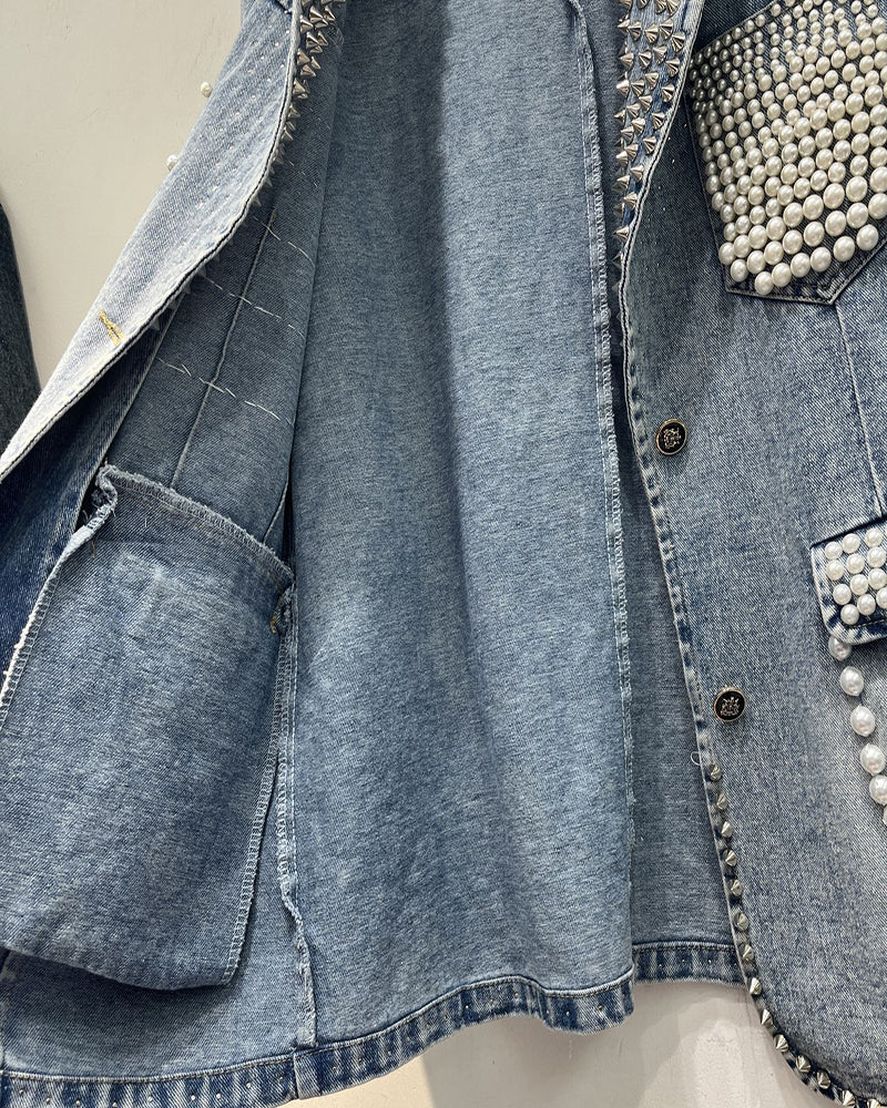 Demi Denim Pearls and Rhinestone Blazer