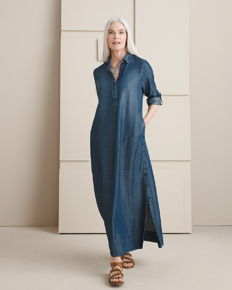 Side-Button Maxi Denim Dress