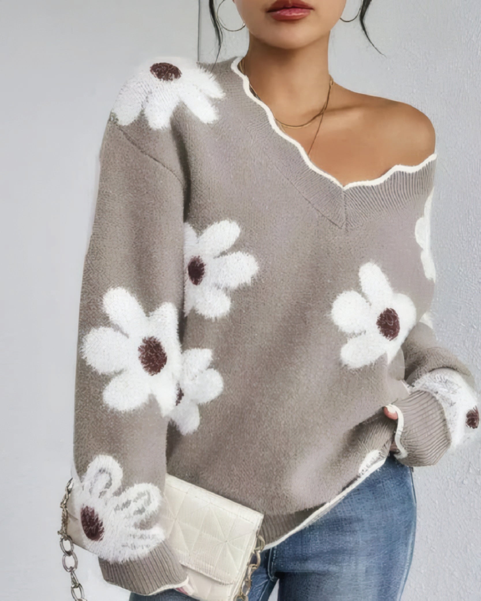 Scalloped Floral Intarsia Knit Sweater