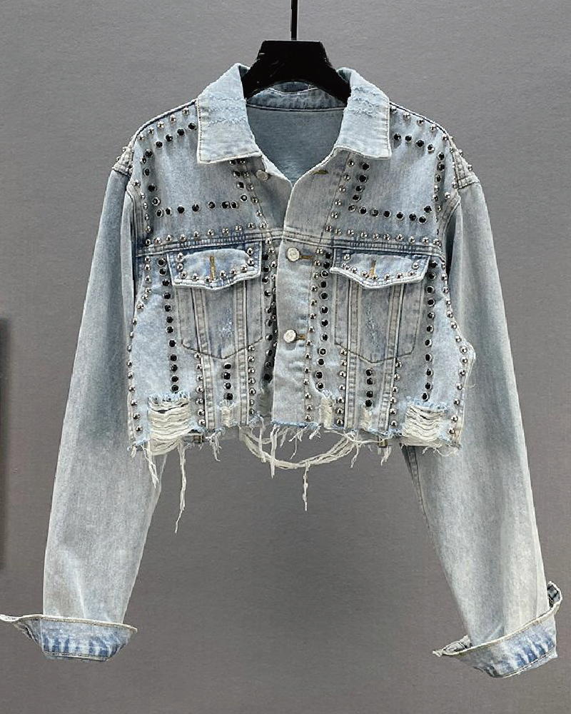 Denim Studded Distressed Cropped Jacket