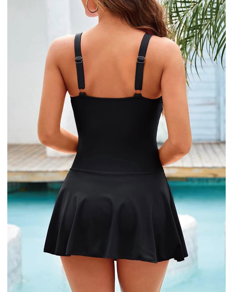 Deep V Knot Detail Skirted Swimsuit