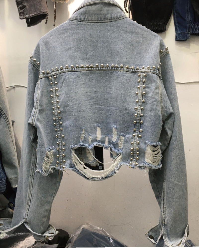 Denim Studded Distressed Cropped Jacket