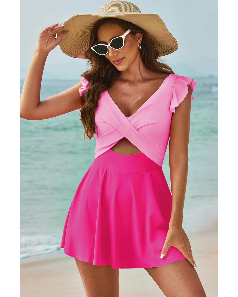 Cutout V-Neck Cap Sleeve One-Piece Swimwear