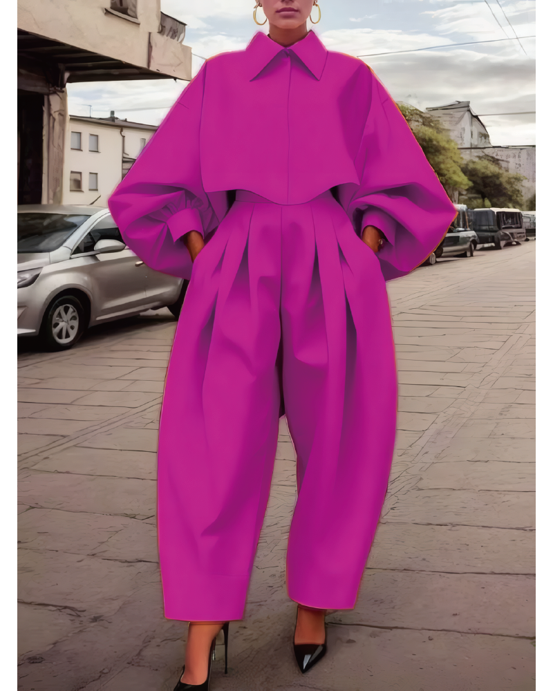 Lapel Blouses&Pleated Pants Set