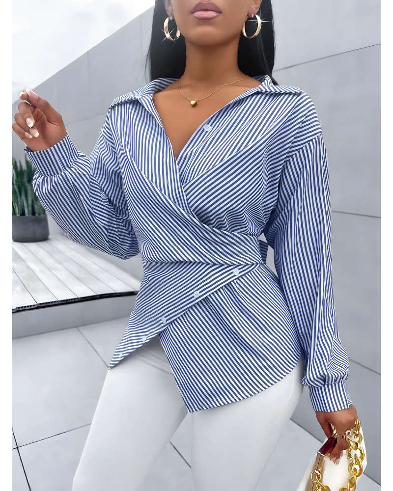 Bow Tie Waist Striped Blouse