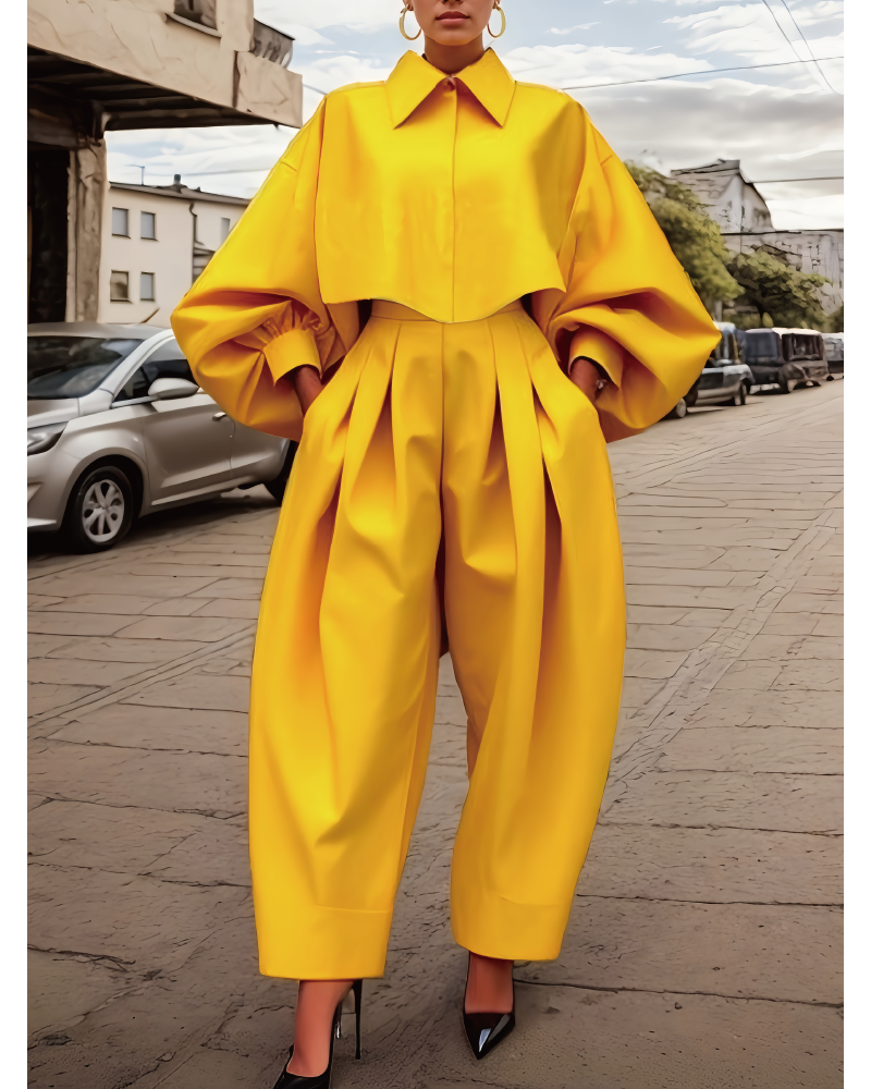 Lapel Blouses&Pleated Pants Set