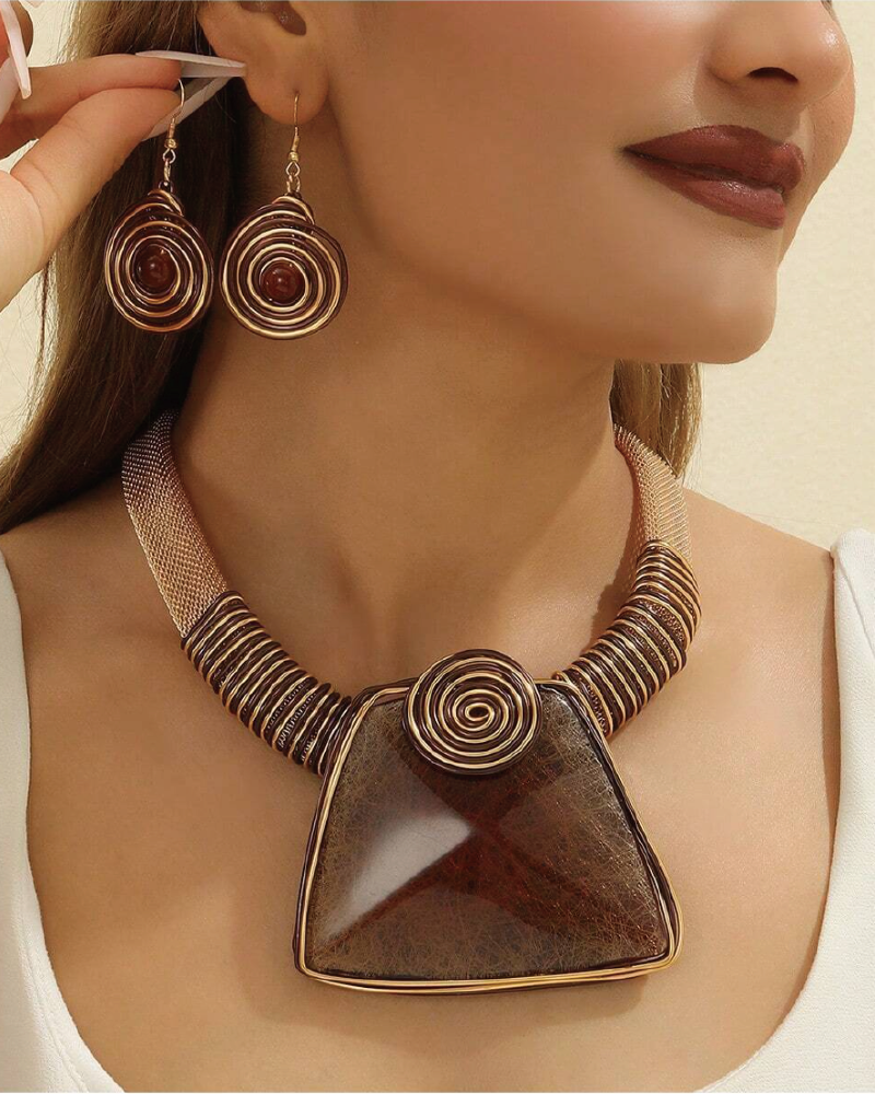 Metal Spiral Pointed Abstract Resin Pendant Statement Necklace Set