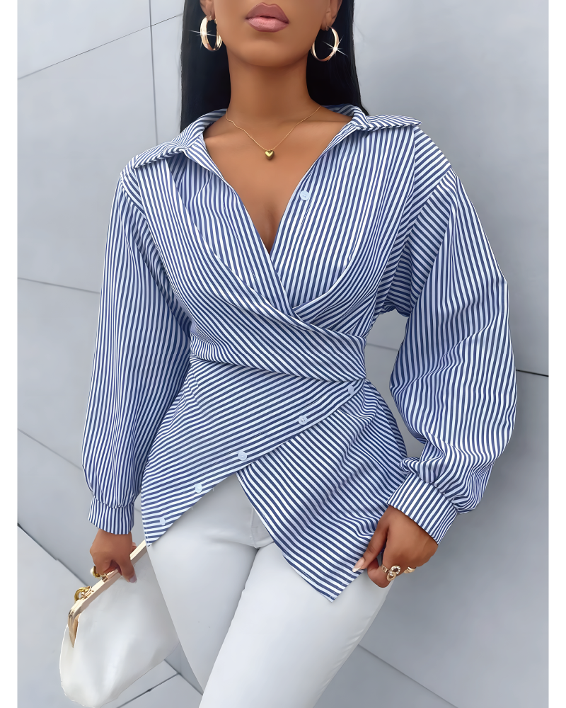 Bow Tie Waist Striped Blouse