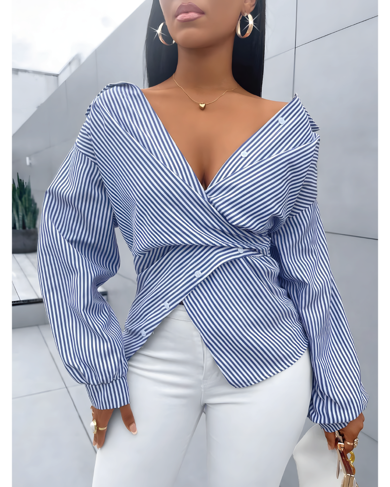 Bow Tie Waist Striped Blouse