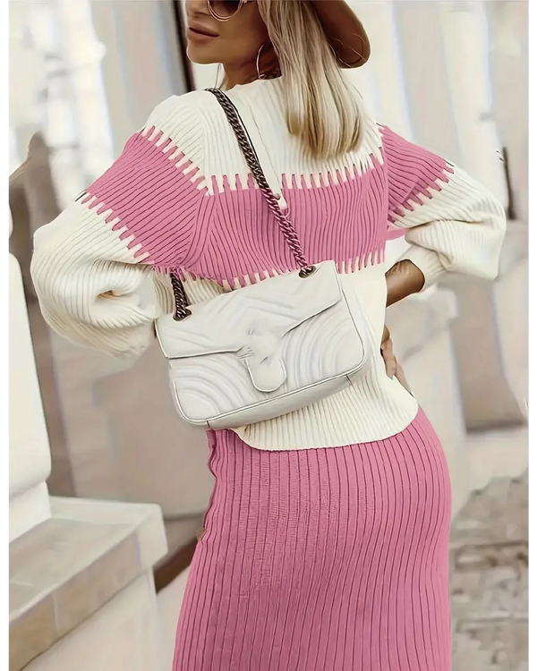 Color Block Elastic Sweater Set