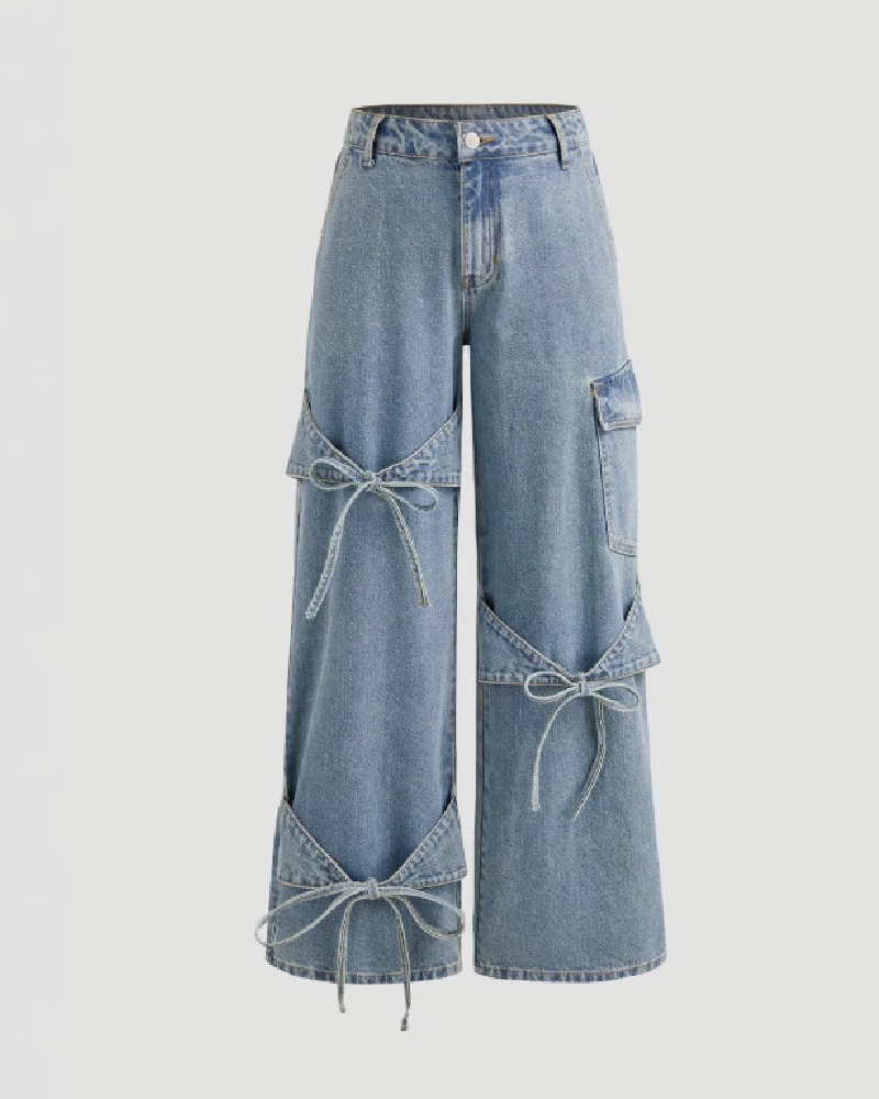 DENIM LOW RISE JEANS WITH BOWS