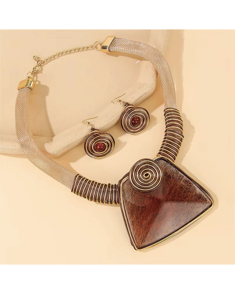 Metal Spiral Pointed Abstract Resin Pendant Statement Necklace Set