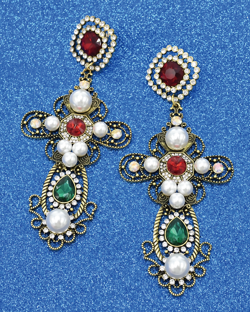 Floral Cross Rhinestone Earrings