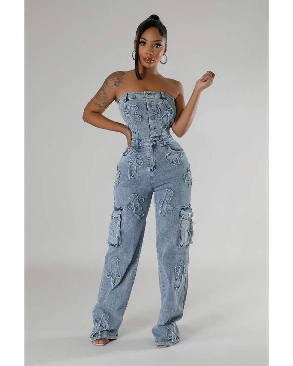 Cross Tube Denim Jumpsuit