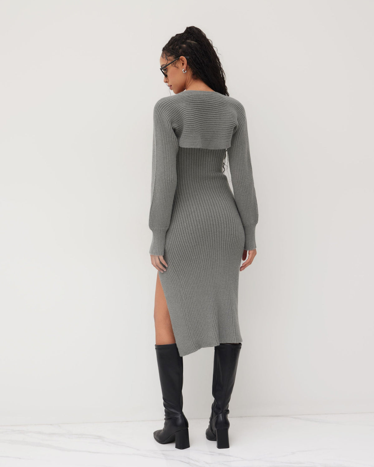 Knit Solid Cami Split Midi Dress Set
