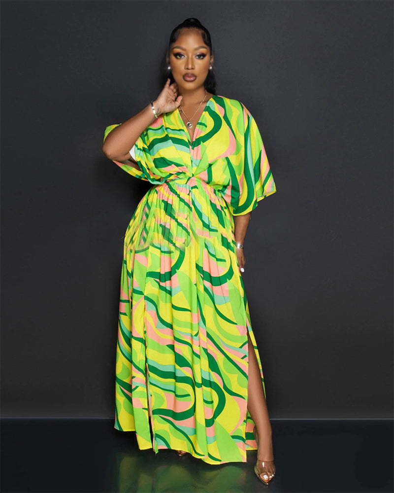 GREEN RETRO DOUBLE SLIT MAXI DRESS