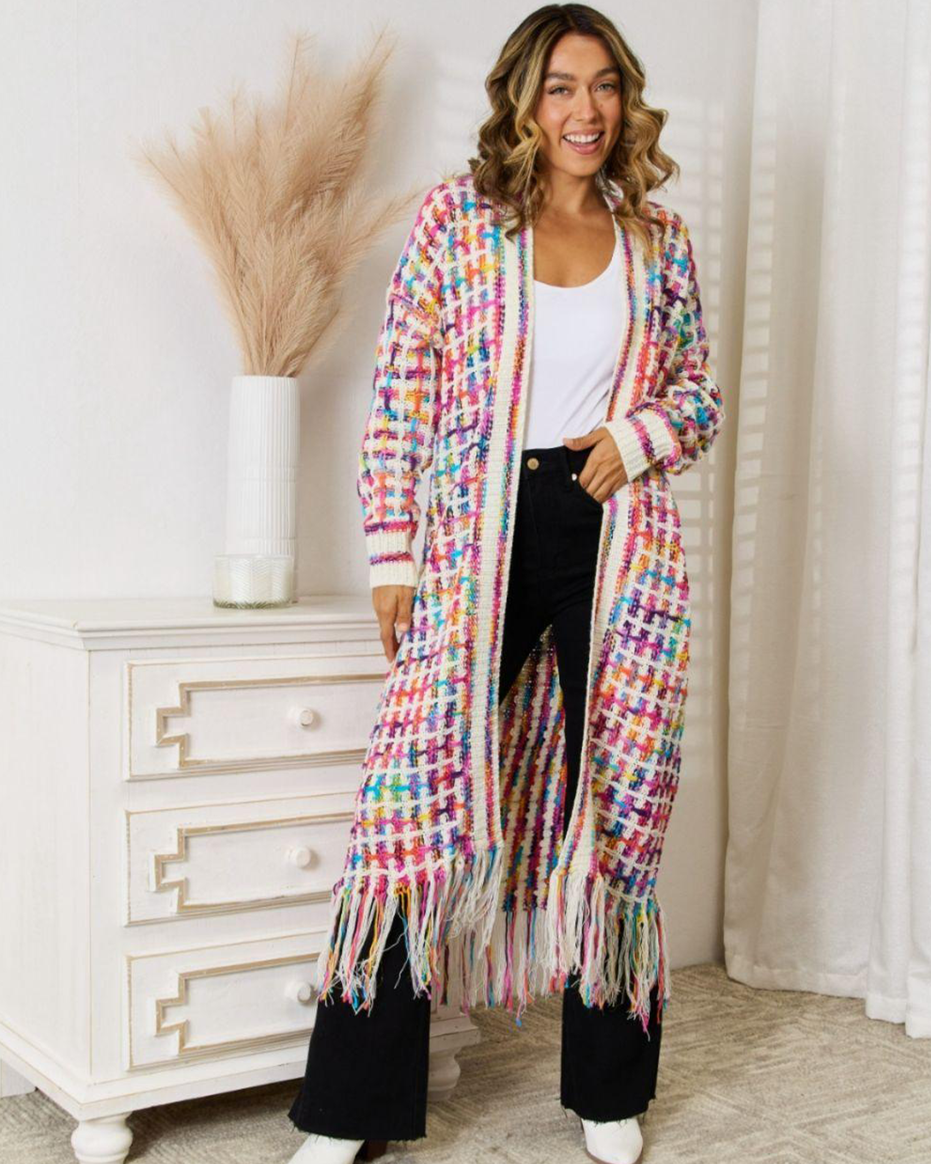 Multicolored Fringe Hem Cardigan