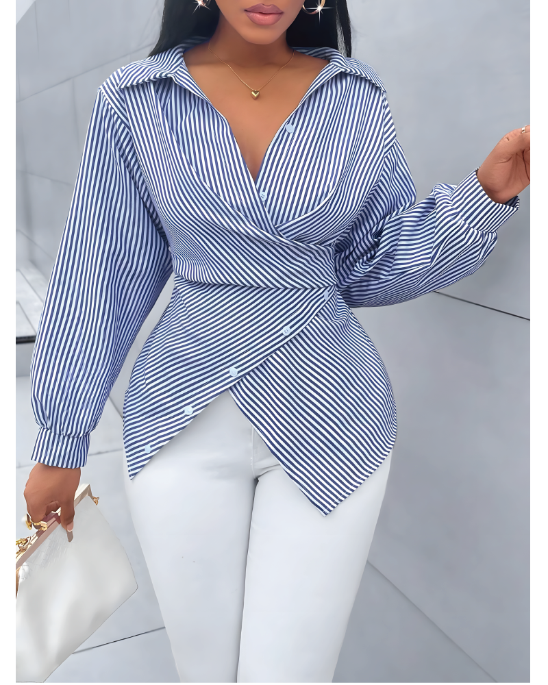 Bow Tie Waist Striped Blouse