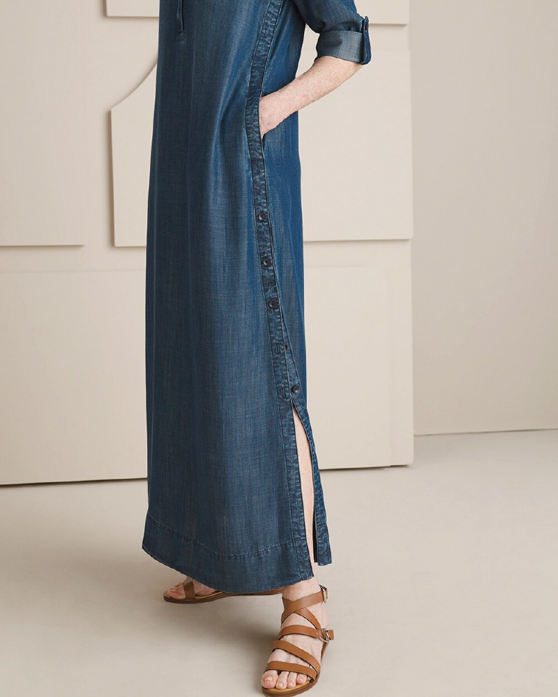 Side-Button Maxi Denim Dress