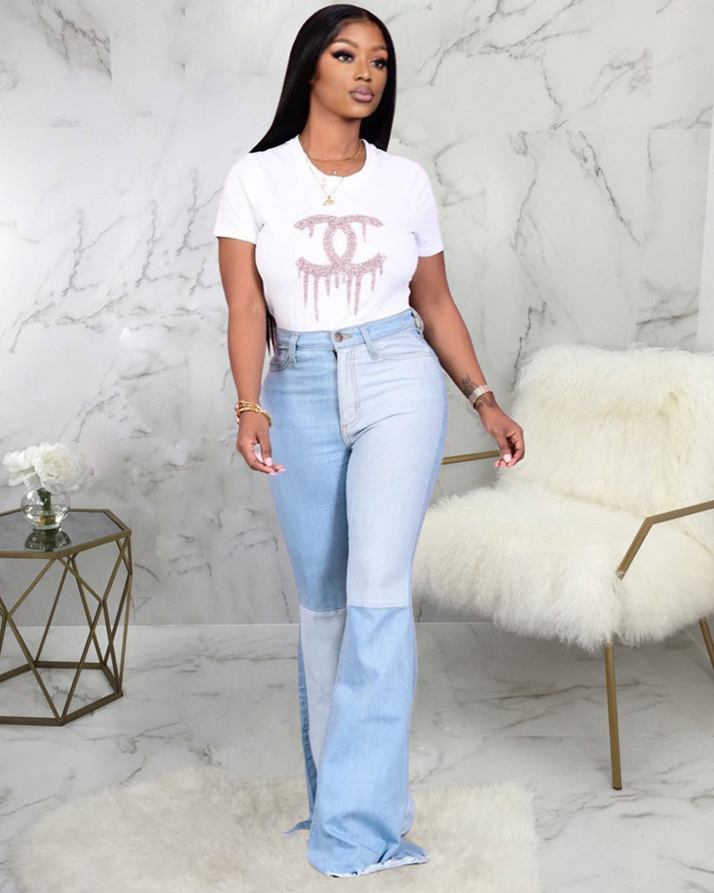 Paneled Denim Stretch Flared Pants