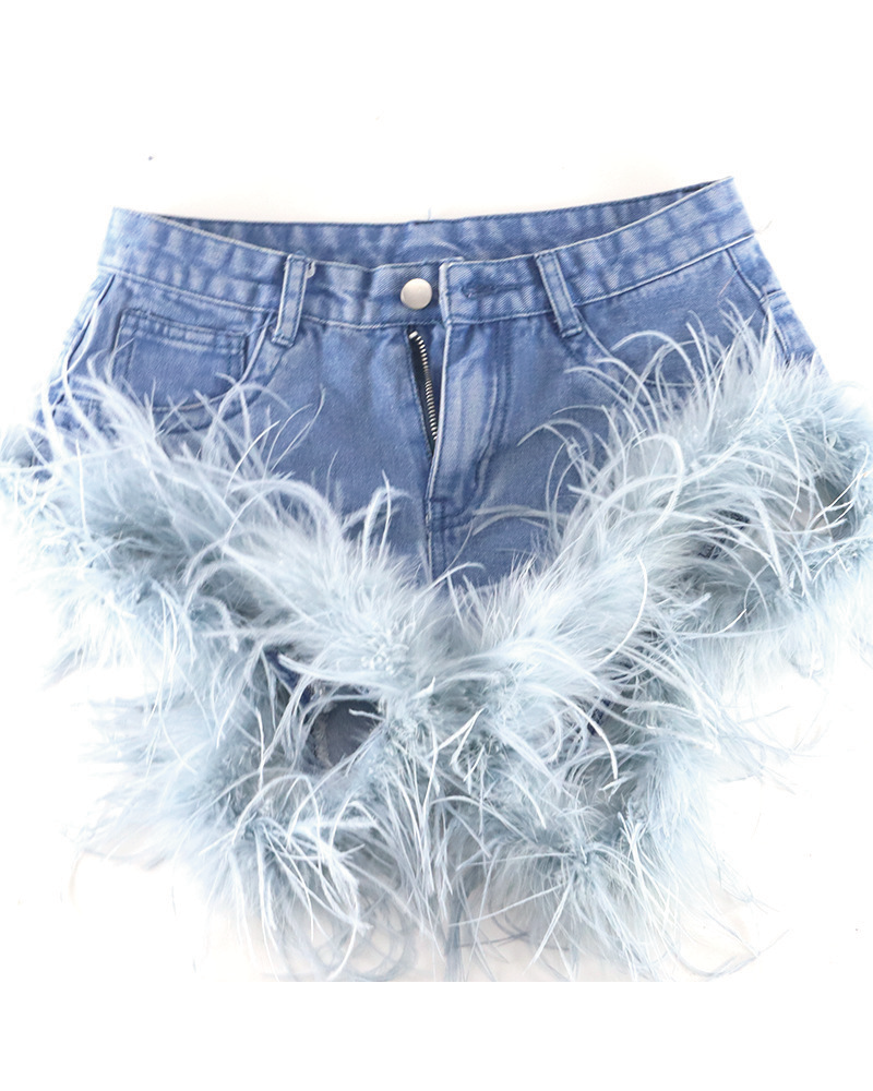 Faux Feather Denim Shorts