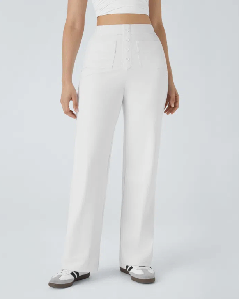 High Waisted Button Multiple Pockets Straight Leg Casual Pants