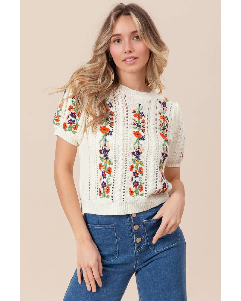 Floral embroidered short sleeve sweater