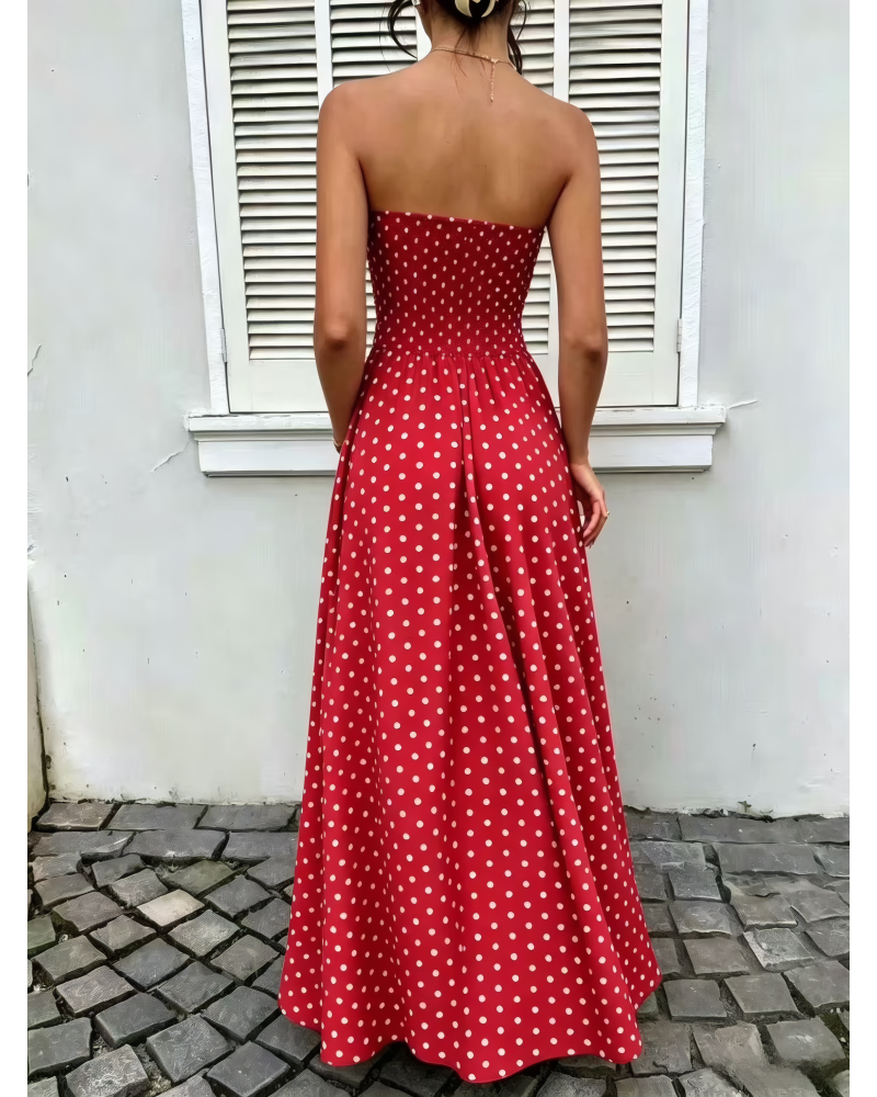 Crimson Dot Strapless Maxi Dress