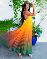 Ombre Sunset Pleated Halter Dress