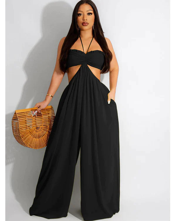 SMOCKED HALTER TOP WIDE LEG JUMPSUIT