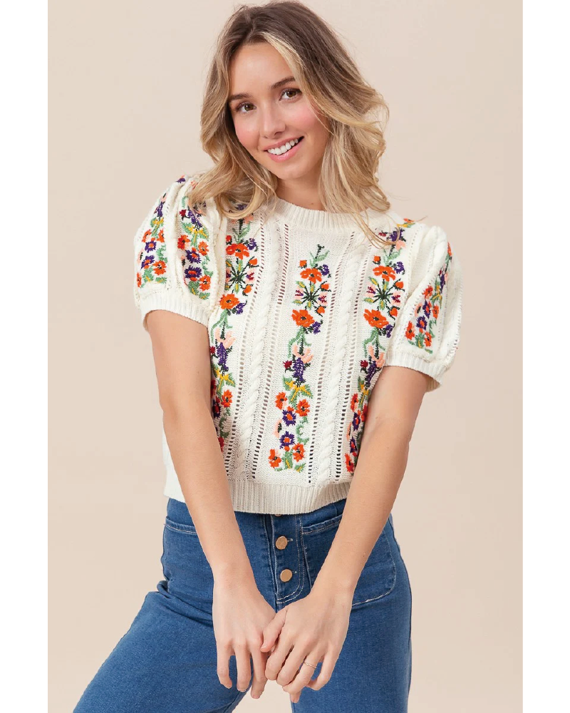 Floral embroidered short sleeve sweater