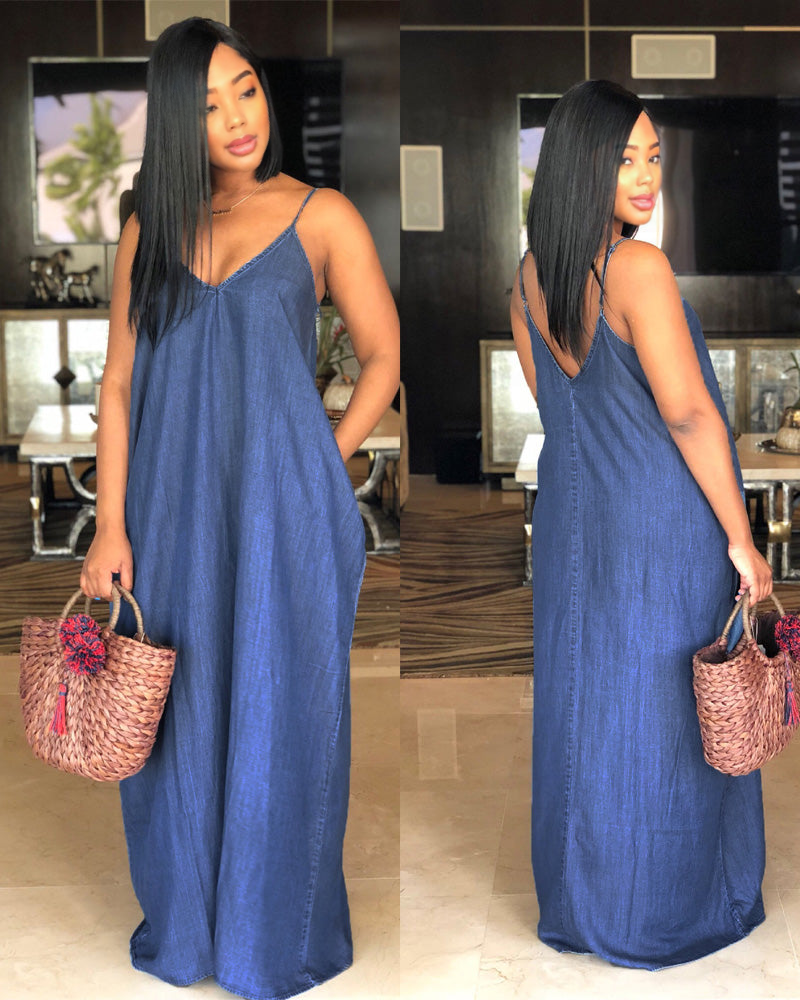 V-NECK DENIM MAXI DRESS