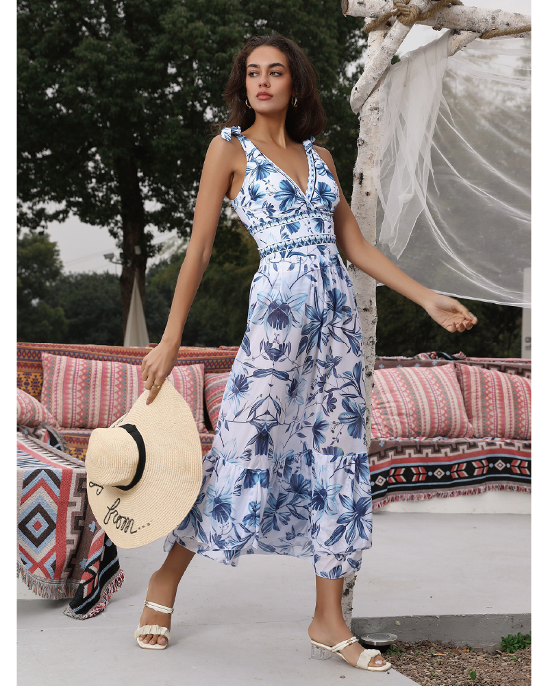 V Neck Printed One Piece Swimsuit & Skirt