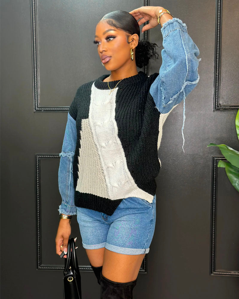 Denim Sleeves Knit Sweater【On Sale】