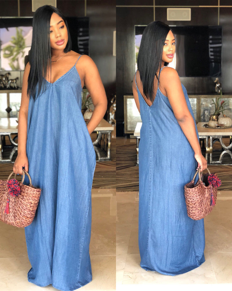 V-NECK DENIM MAXI DRESS