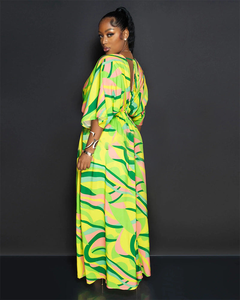 GREEN RETRO DOUBLE SLIT MAXI DRESS