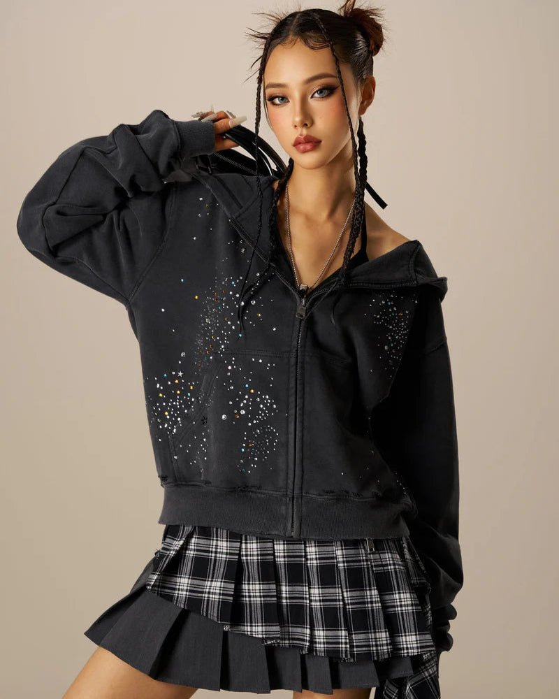 Rhinestone Zip Up Hoodie