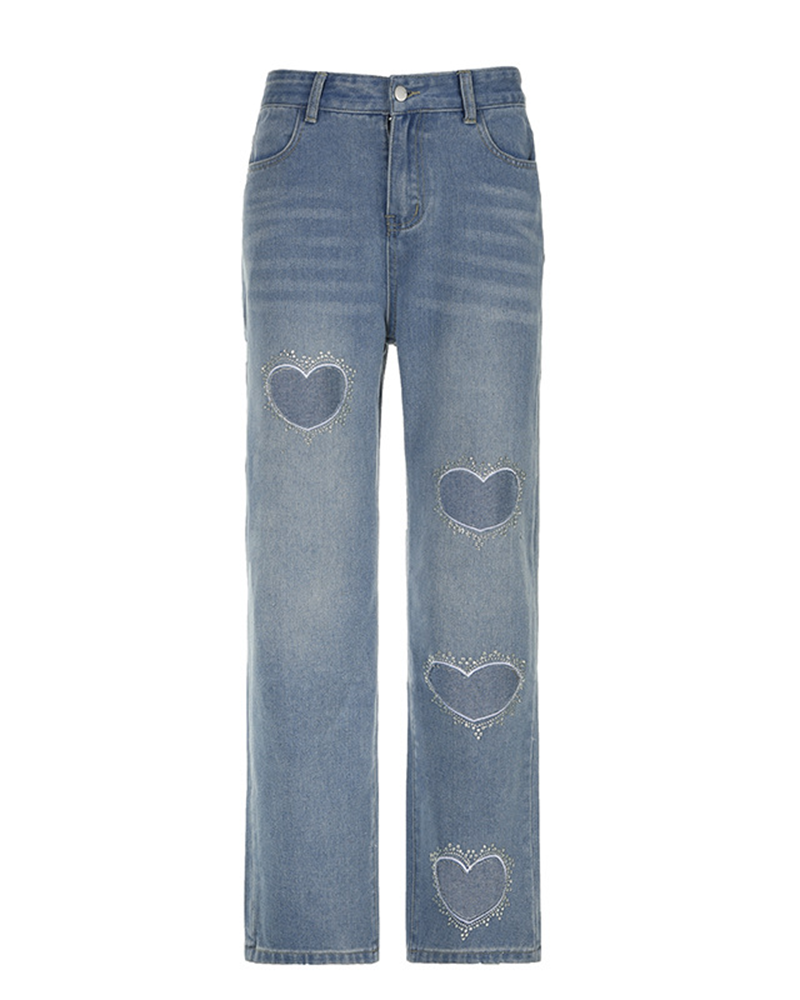 Rhinestones heart key-hole jeans