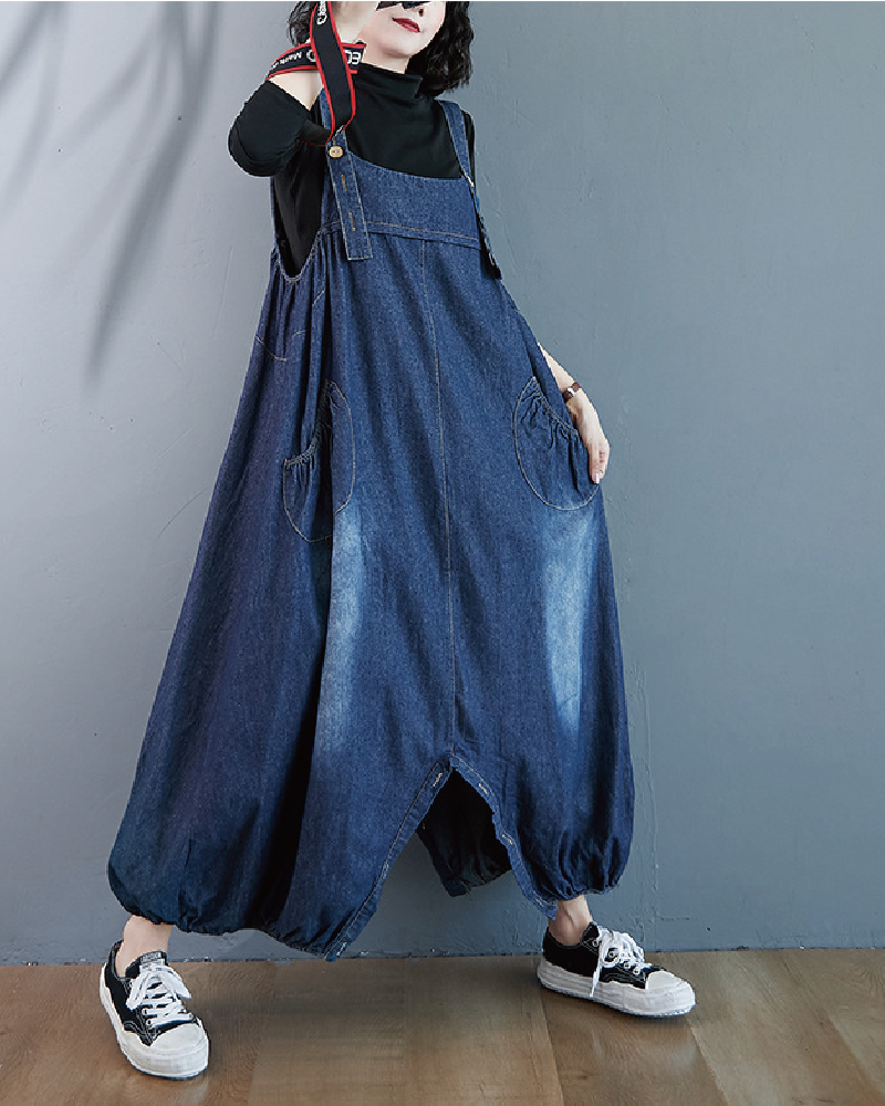 Denim Buttoned Overalls Dress Jumpsuit