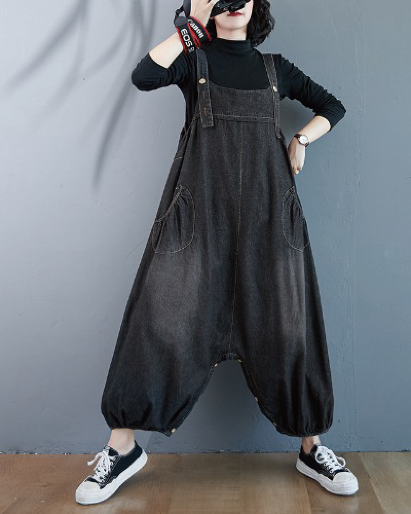 Denim Buttoned Overalls Dress Jumpsuit