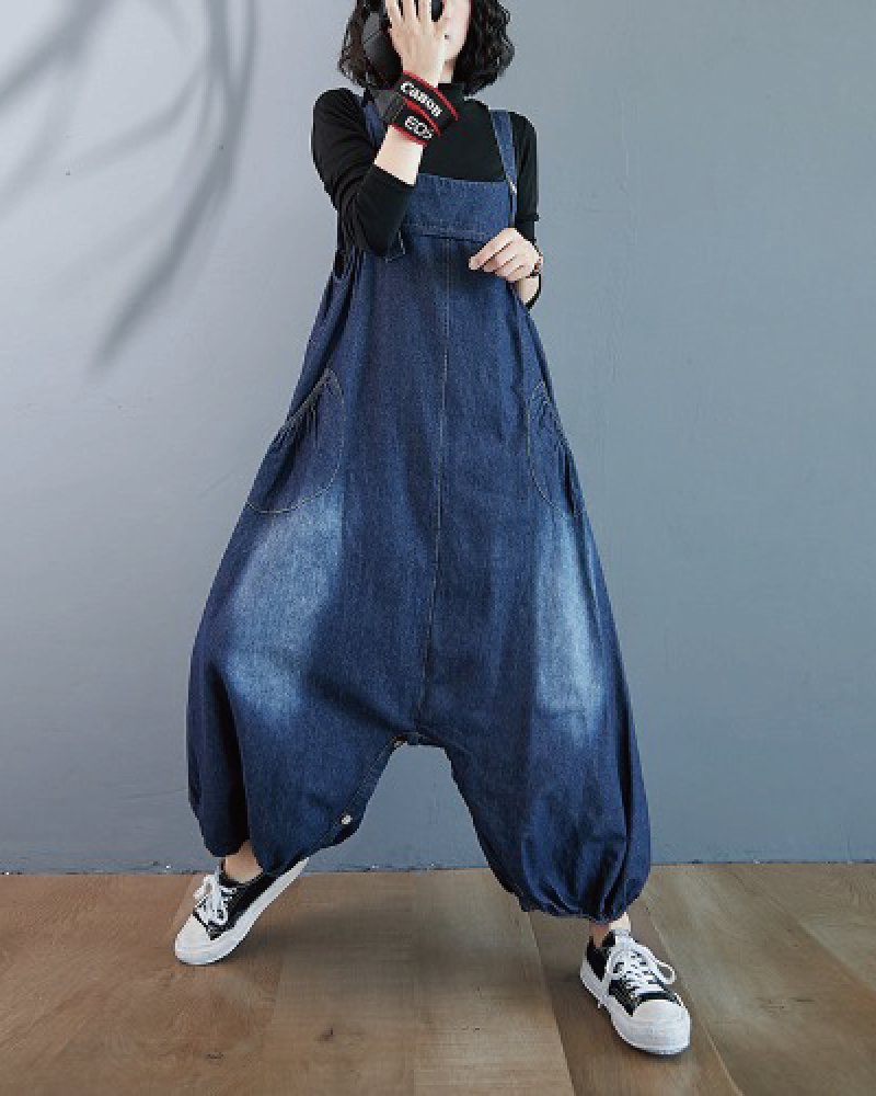 Denim Buttoned Overalls Dress Jumpsuit