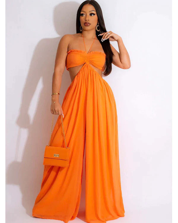 SMOCKED HALTER TOP WIDE LEG JUMPSUIT